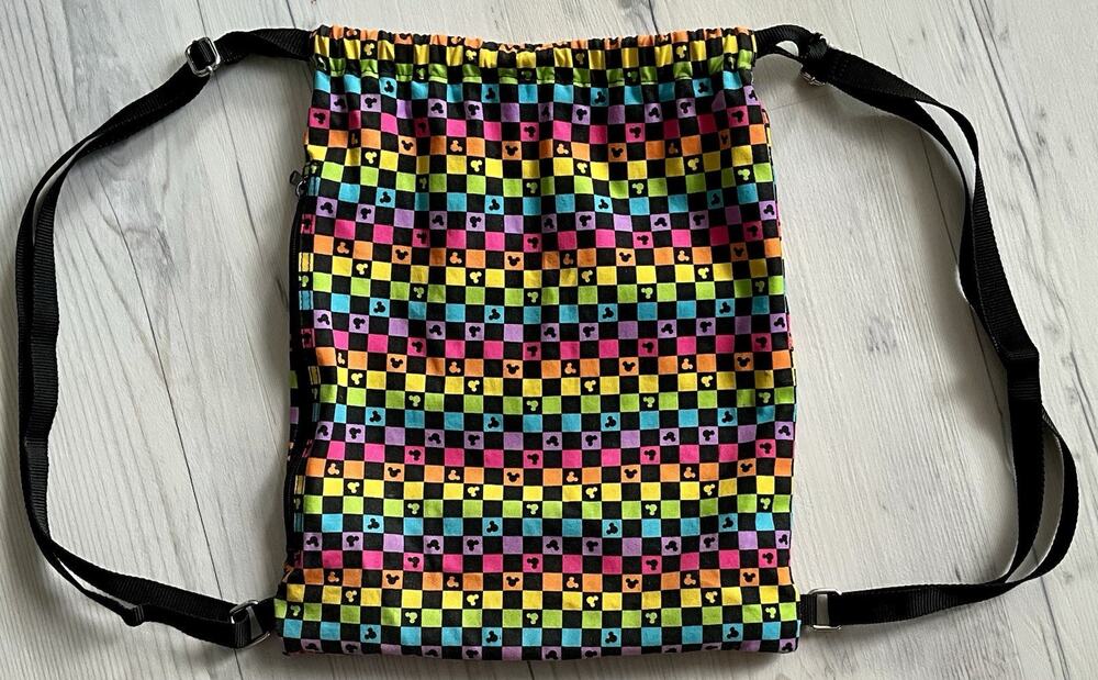 Disney Parks Mickey Black Rainbow Design Draw String Backpack Side Zipper Pocket